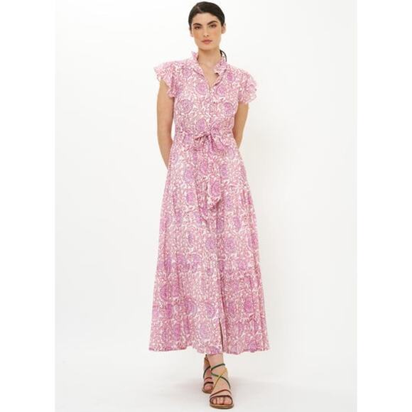 Oliphant Tuckernuck Malta Pink Ruffle Collar Button Down Maxi Dress Medium - Picture 2 of 10